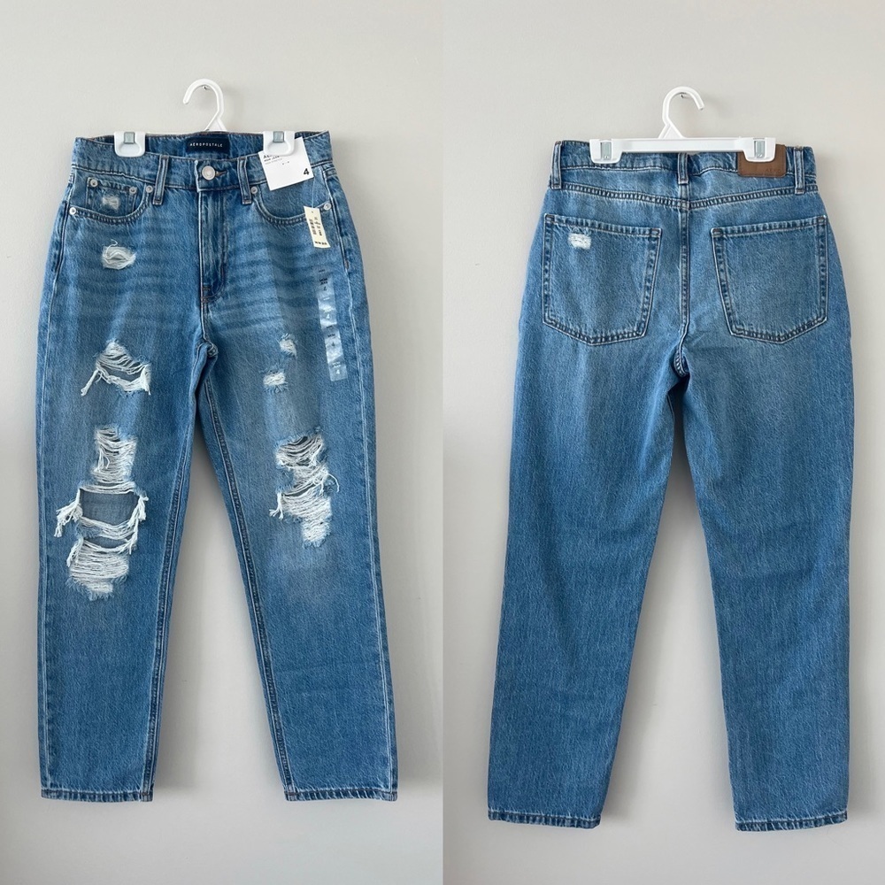 NWT Aeropostale Medium Wash Distressed 90s Super High Rise Baggy Jeans Size 4R